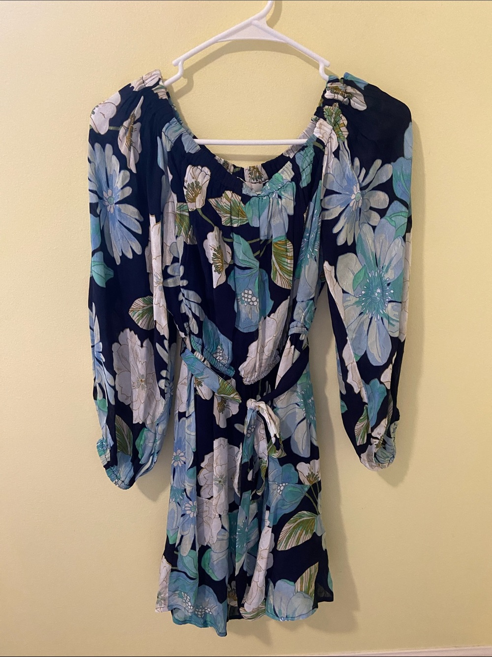 LOFT Navy Floral Long Sleeve Tie-Waist Dress